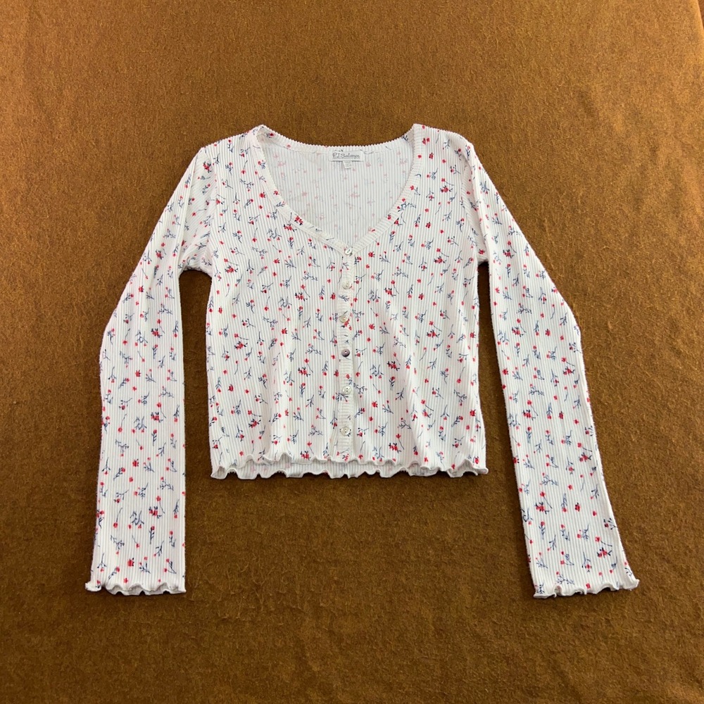 PJ Salvage Womens Small White Floral Ribbed Button Front Long Sleeve Top New